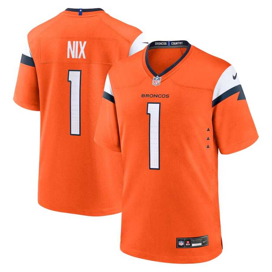 Mens Denver Broncos #1 Bo Nix Orange 2024 Game Stitched Jersey Dzhi